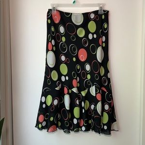 Flowy Midi Skirt with White Green and Pink Circles